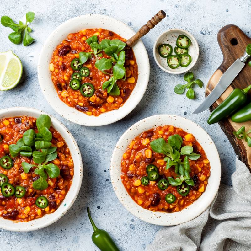 Hälsosam vegetarisk chili sin carne med linser.